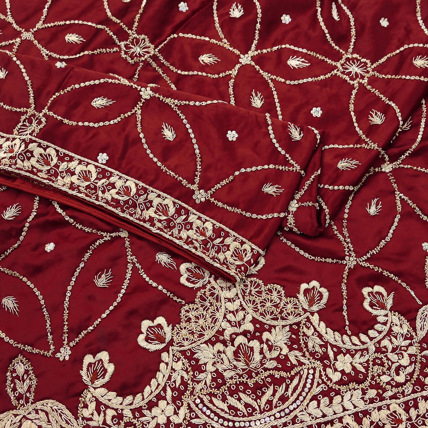 Indian Vintage Heavy Wedding Maroon Dupatta Pure Satin Silk Long Stole Hand Embroidered Scarves Golden Zardozi Bridal Veil