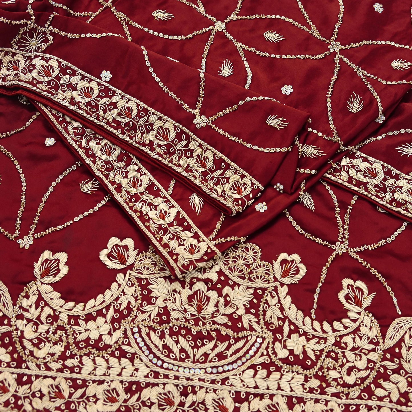 Indian Vintage Heavy Wedding Maroon Dupatta Pure Satin Silk Long Stole Hand Embroidered Scarves Golden Zardozi Bridal Veil