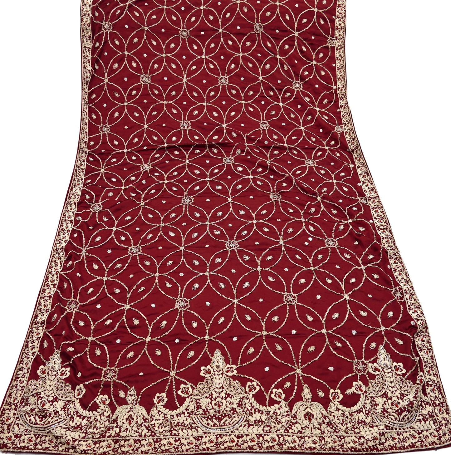 Indian Vintage Heavy Wedding Maroon Dupatta Pure Satin Silk Long Stole Hand Embroidered Scarves Golden Zardozi Bridal Veil