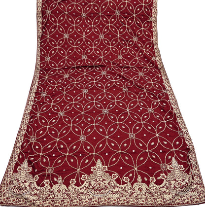 Indian Vintage Heavy Wedding Maroon Dupatta Pure Satin Silk Long Stole Hand Embroidered Scarves Golden Zardozi Bridal Veil