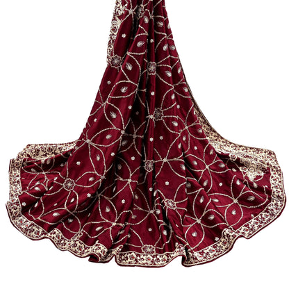 Indian Vintage Heavy Wedding Maroon Dupatta Pure Satin Silk Long Stole Hand Embroidered Scarves Golden Zardozi Bridal Veil