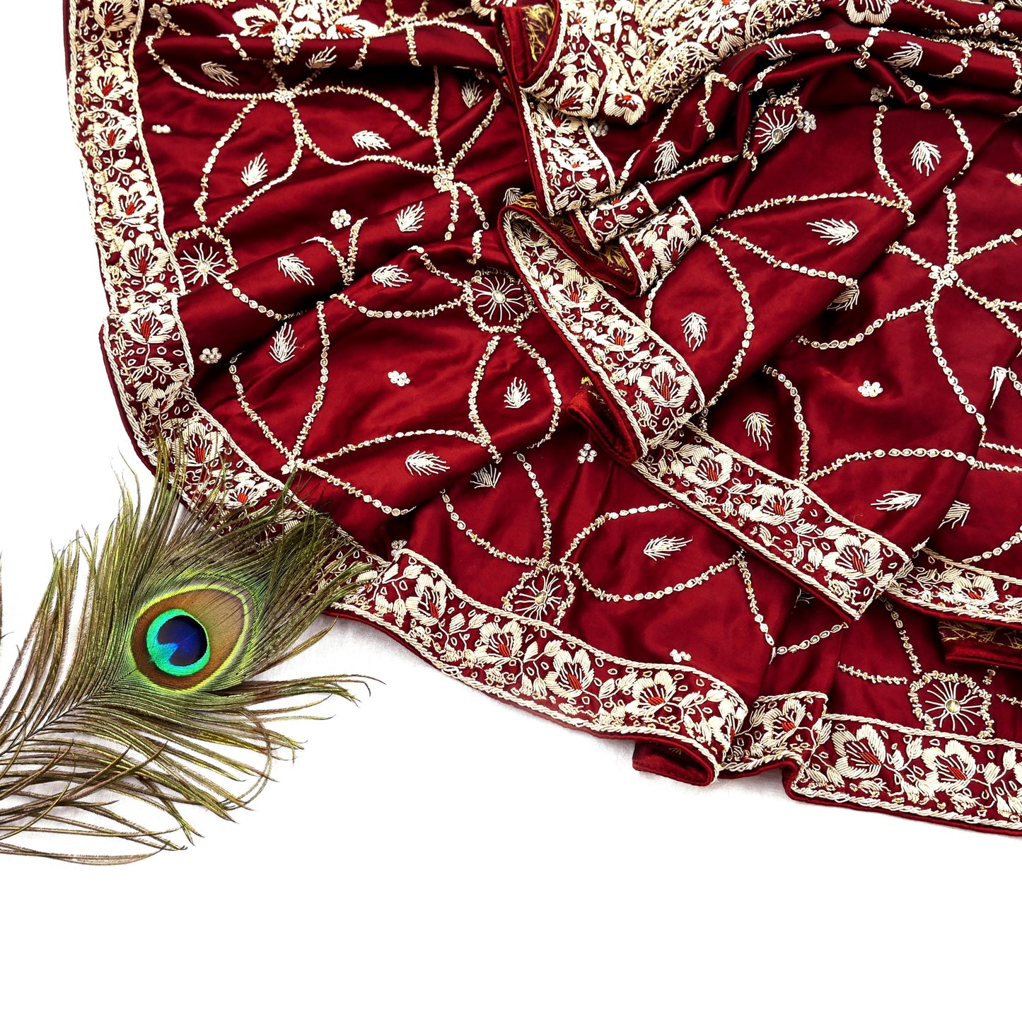 Indian Vintage Heavy Wedding Maroon Dupatta Pure Satin Silk Long Stole Hand Embroidered Scarves Golden Zardozi Bridal Veil