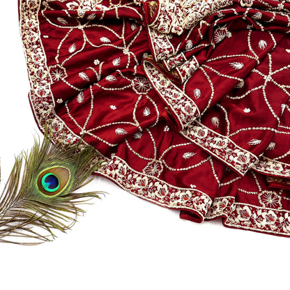 Indian Vintage Heavy Wedding Maroon Dupatta Pure Satin Silk Long Stole Hand Embroidered Scarves Golden Zardozi Bridal Veil