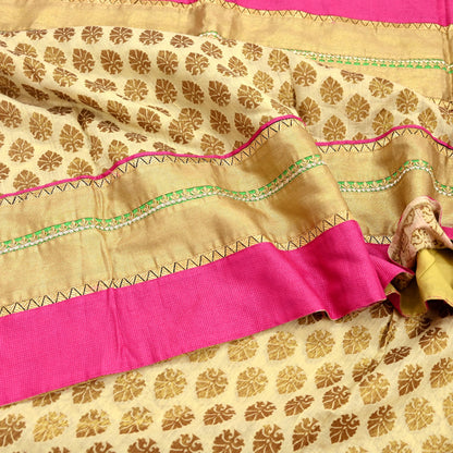 Indian Vintage Saree Beige Hand Woven Pure Silk Sari Craft Fabric 5Yd Ethnic Floral Golden Zari Dress making For Crafting Quilting