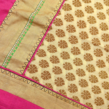 Indian Vintage Saree Beige Hand Woven Pure Silk Sari Craft Fabric 5Yd Ethnic Floral Golden Zari Dress making For Crafting Quilting