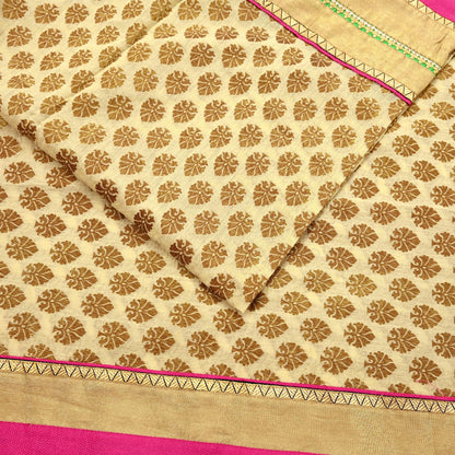Indian Vintage Saree Beige Hand Woven Pure Silk Sari Craft Fabric 5Yd Ethnic Floral Golden Zari Dress making For Crafting Quilting