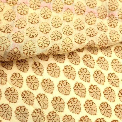 Indian Vintage Saree Beige Hand Woven Pure Silk Sari Craft Fabric 5Yd Ethnic Floral Golden Zari Dress making For Crafting Quilting