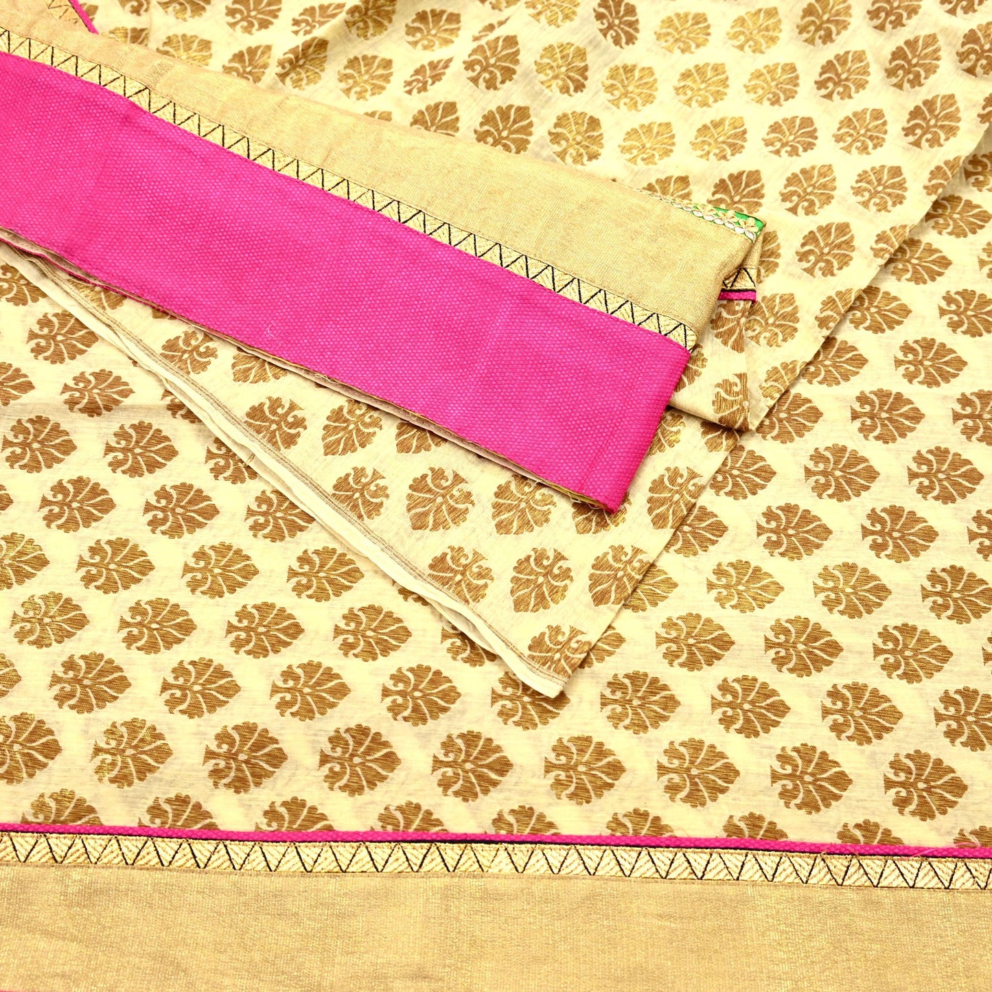 Indian Vintage Saree Beige Hand Woven Pure Silk Sari Craft Fabric 5Yd Ethnic Floral Golden Zari Dress making For Crafting Quilting