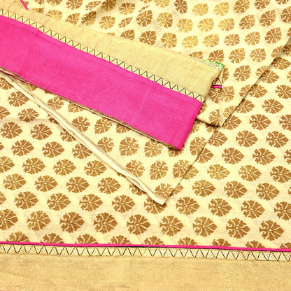 Indian Vintage Saree Beige Hand Woven Pure Silk Sari Craft Fabric 5Yd Ethnic Floral Golden Zari Dress making For Crafting Quilting