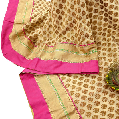 Indian Vintage Saree Beige Hand Woven Pure Silk Sari Craft Fabric 5Yd Ethnic Floral Golden Zari Dress making For Crafting Quilting
