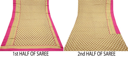 Indian Vintage Saree Beige Hand Woven Pure Silk Sari Craft Fabric 5Yd Ethnic Floral Golden Zari Dress making For Crafting Quilting