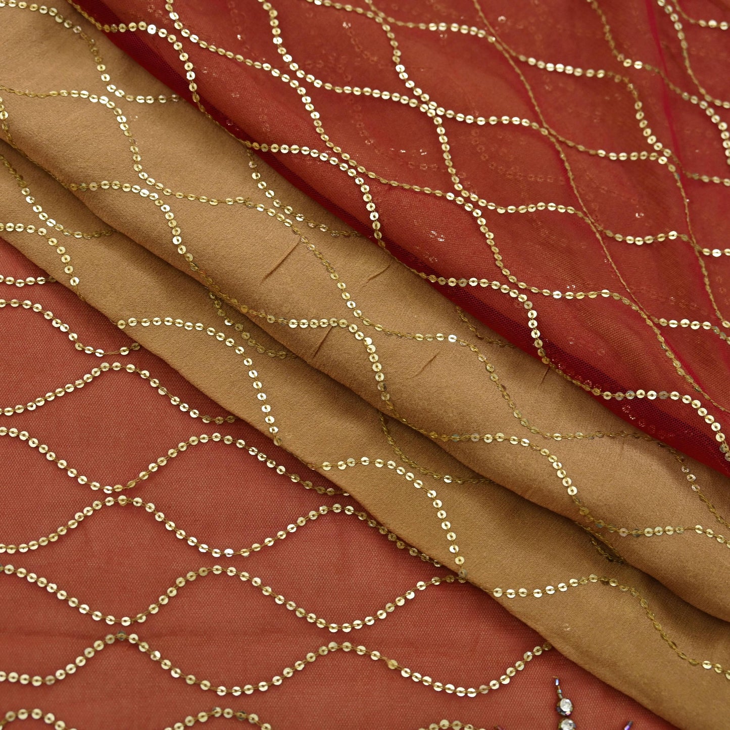 Indian Vintage Sari Rusty Orange & Beige Pure Georgette Silk/Net Hand Beaded Sarees Fabric 6Yd Sewing Ethnic Dress making Quilting Bollywood