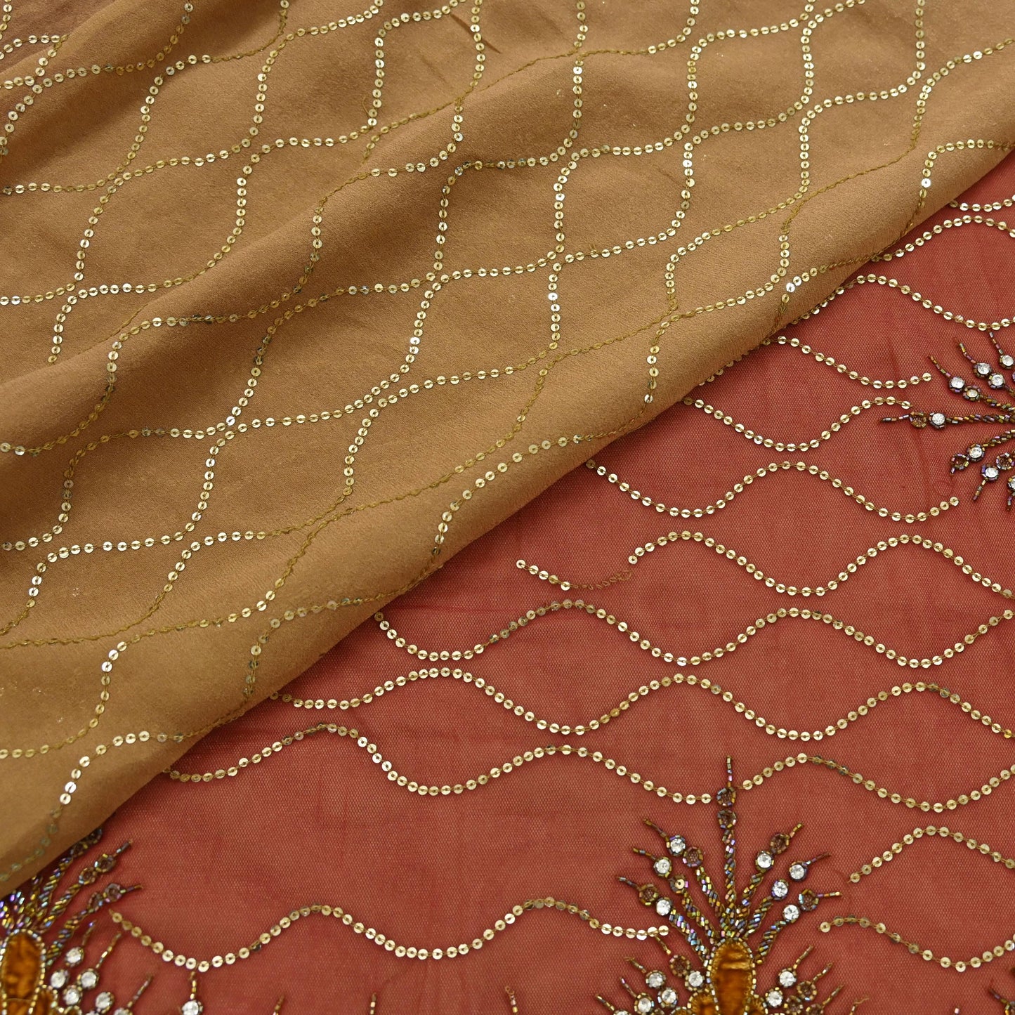 Indian Vintage Sari Rusty Orange & Beige Pure Georgette Silk/Net Hand Beaded Sarees Fabric 6Yd Sewing Ethnic Dress making Quilting Bollywood