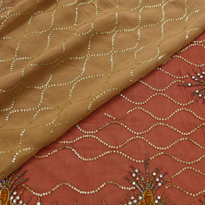 Indian Vintage Sari Rusty Orange & Beige Pure Georgette Silk/Net Hand Beaded Sarees Fabric 6Yd Sewing Ethnic Dress making Quilting Bollywood