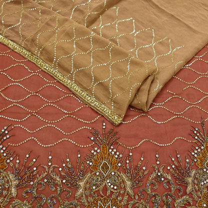 Indian Vintage Sari Rusty Orange & Beige Pure Georgette Silk/Net Hand Beaded Sarees Fabric 6Yd Sewing Ethnic Dress making Quilting Bollywood