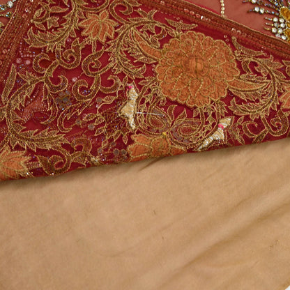 Indian Vintage Sari Rusty Orange & Beige Pure Georgette Silk/Net Hand Beaded Sarees Fabric 6Yd Sewing Ethnic Dress making Quilting Bollywood