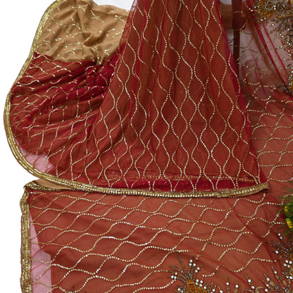 Indian Vintage Sari Rusty Orange & Beige Pure Georgette Silk/Net Hand Beaded Sarees Fabric 6Yd Sewing Ethnic Dress making Quilting Bollywood