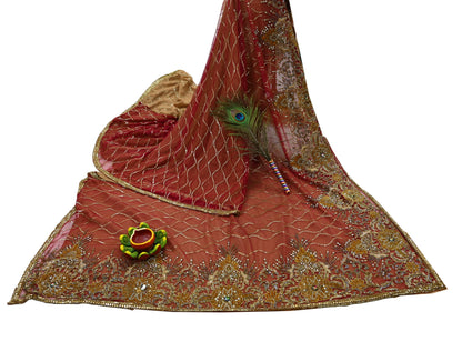 Indian Vintage Sari Rusty Orange & Beige Pure Georgette Silk/Net Hand Beaded Sarees Fabric 6Yd Sewing Ethnic Dress making Quilting Bollywood