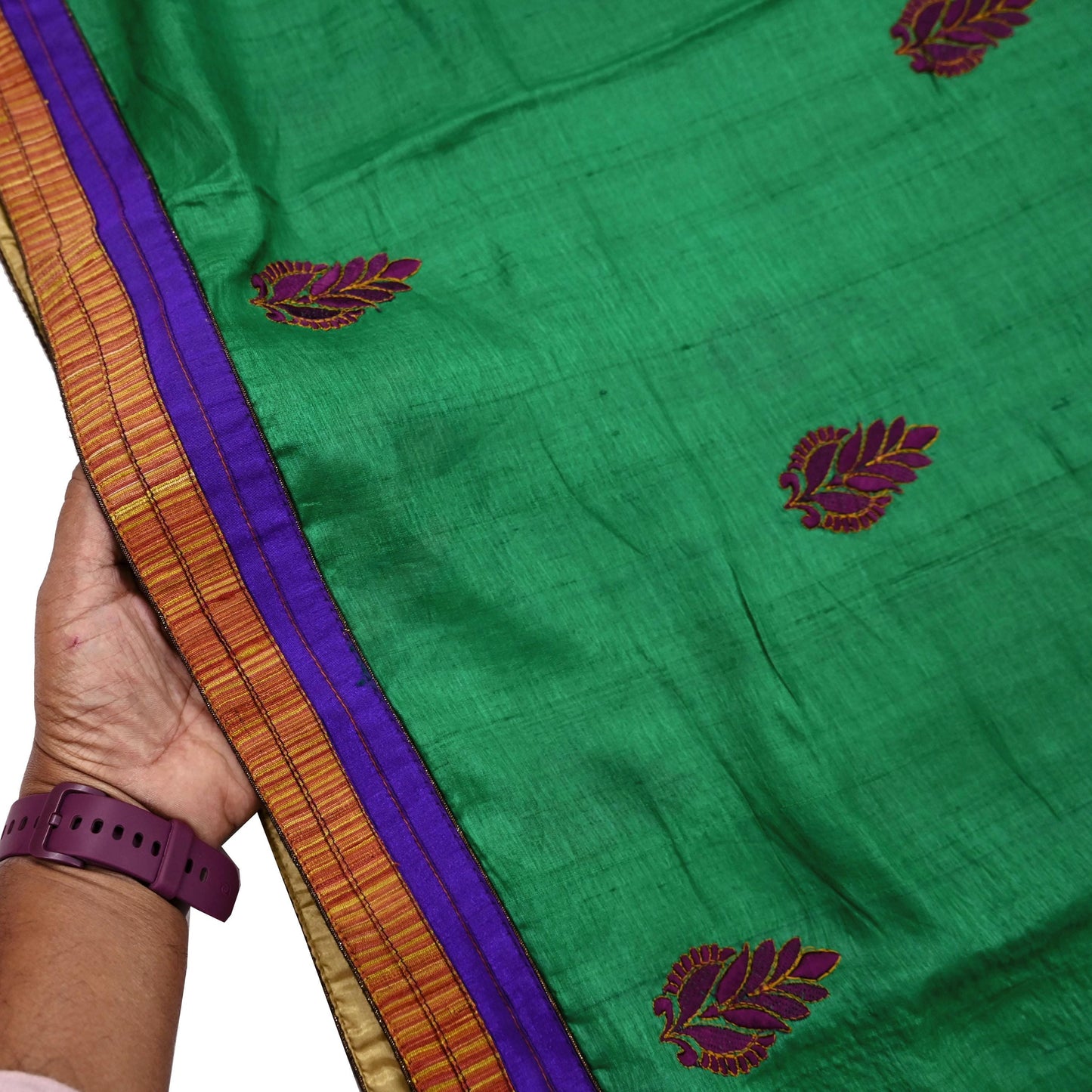 Indian Vintage Green Saree Pure Khadi Silk Handloom Hand Beaded Sari Craft Fabric 6yd Ethnic Fringes Dress making Crafting Quilting Used