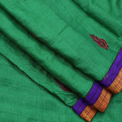 Indian Vintage Green Saree Pure Khadi Silk Handloom Hand Beaded Sari Craft Fabric 6yd Ethnic Fringes Dress making Crafting Quilting Used