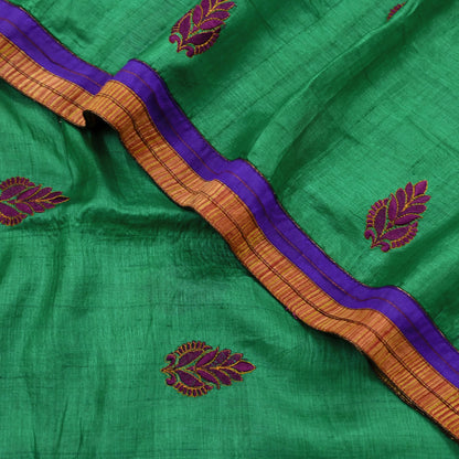 Indian Vintage Green Saree Pure Khadi Silk Handloom Hand Beaded Sari Craft Fabric 6yd Ethnic Fringes Dress making Crafting Quilting Used