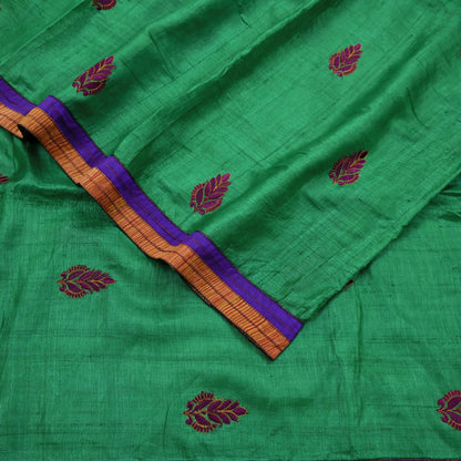 Indian Vintage Green Saree Pure Khadi Silk Handloom Hand Beaded Sari Craft Fabric 6yd Ethnic Fringes Dress making Crafting Quilting Used
