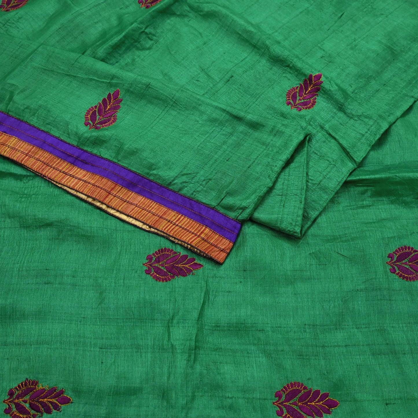 Indian Vintage Green Saree Pure Khadi Silk Handloom Hand Beaded Sari Craft Fabric 6yd Ethnic Fringes Dress making Crafting Quilting Used