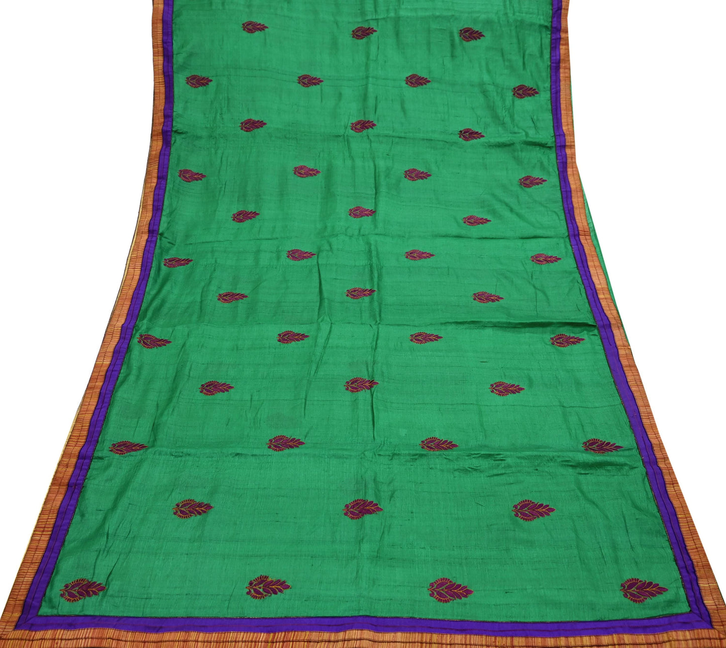 Indian Vintage Green Saree Pure Khadi Silk Handloom Hand Beaded Sari Craft Fabric 6yd Ethnic Fringes Dress making Crafting Quilting Used