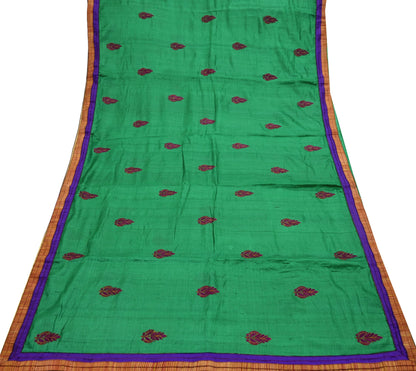 Indian Vintage Green Saree Pure Khadi Silk Handloom Hand Beaded Sari Craft Fabric 6yd Ethnic Fringes Dress making Crafting Quilting Used