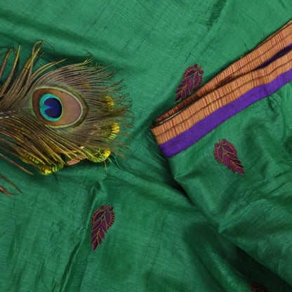 Indian Vintage Green Saree Pure Khadi Silk Handloom Hand Beaded Sari Craft Fabric 6yd Ethnic Fringes Dress making Crafting Quilting Used