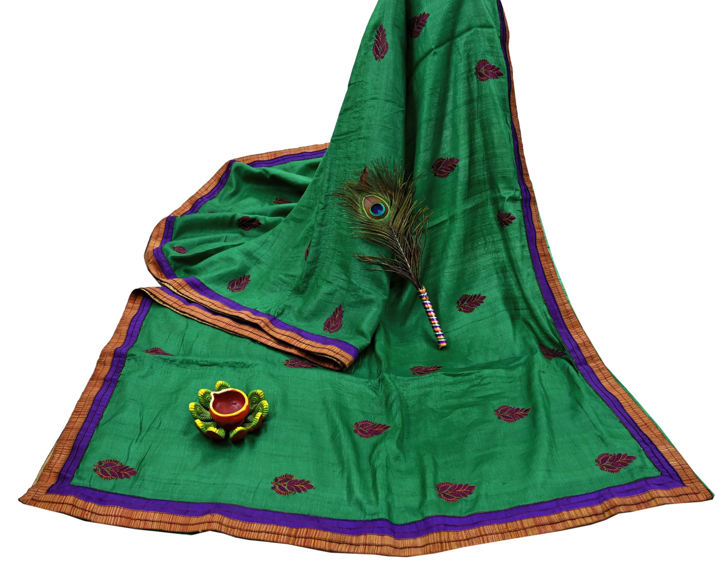 Indian Vintage Green Saree Pure Khadi Silk Handloom Hand Beaded Sari Craft Fabric 6yd Ethnic Fringes Dress making Crafting Quilting Used