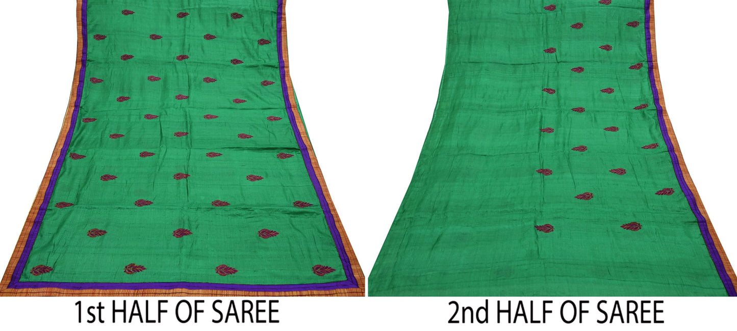 Indian Vintage Green Saree Pure Khadi Silk Handloom Hand Beaded Sari Craft Fabric 6yd Ethnic Fringes Dress making Crafting Quilting Used