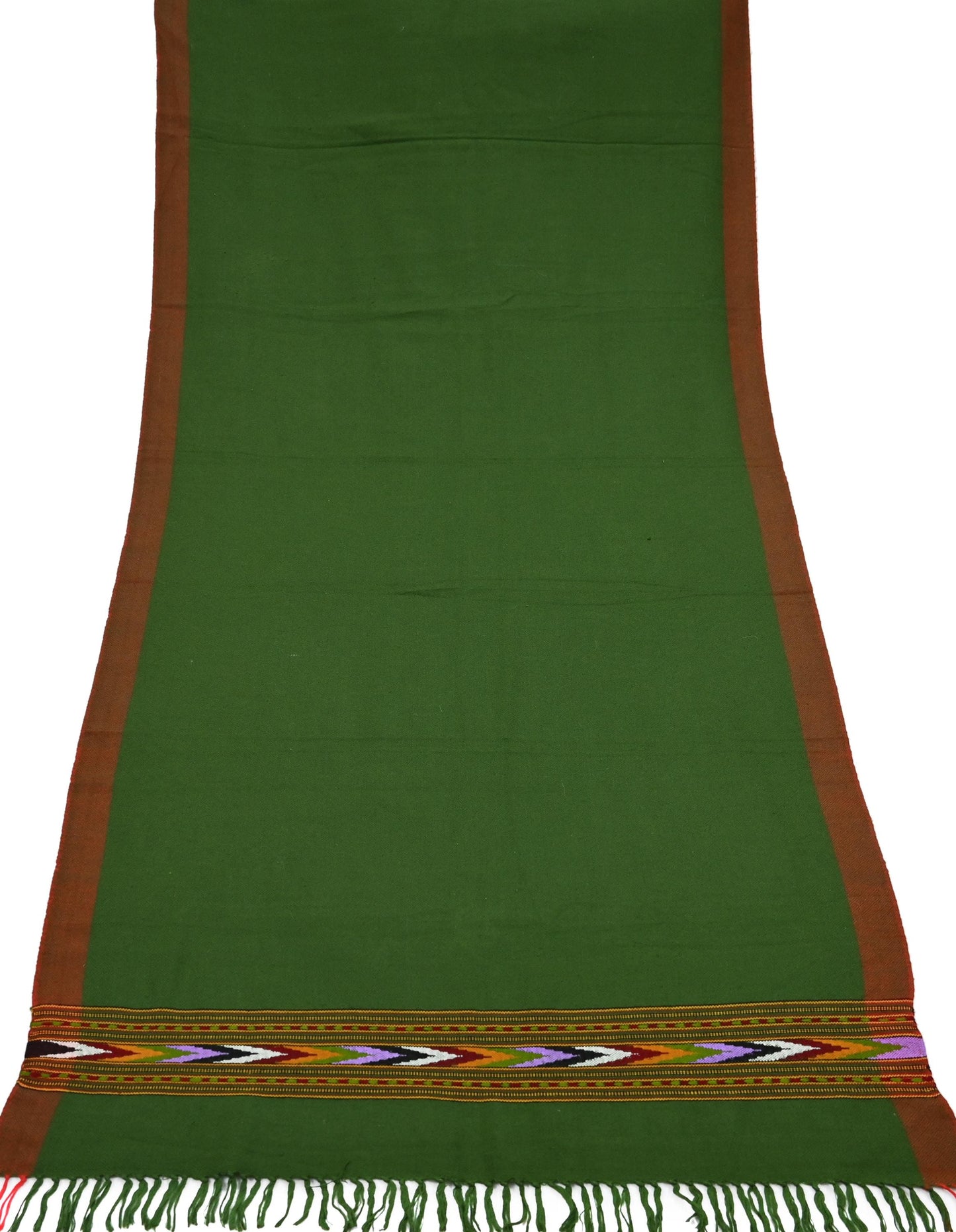 Vintage Green Woolen Handmade Woven Long Throw Stole Warm Geometric Design Fringes