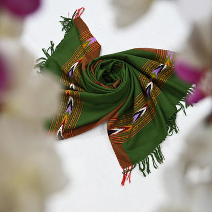 Vintage Green Woolen Handmade Woven Long Throw Stole Warm Geometric Design Fringes