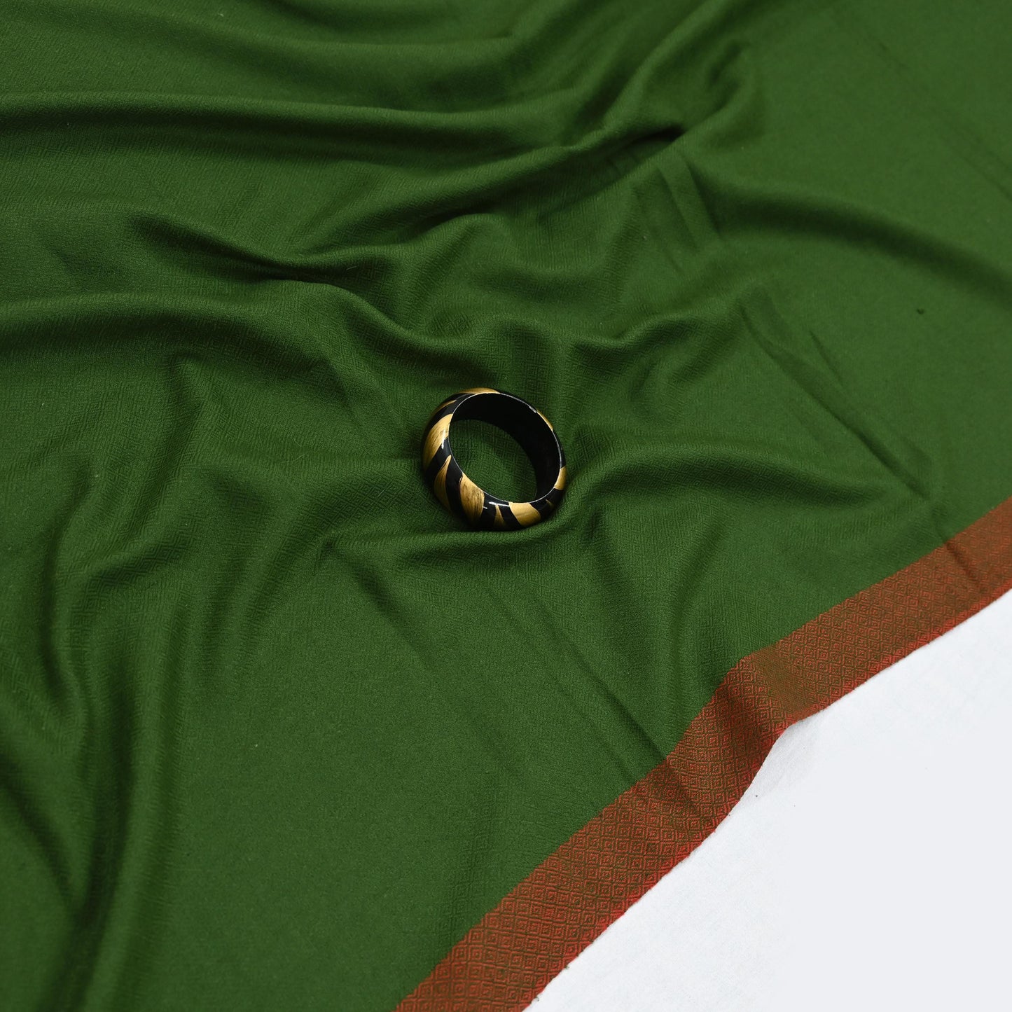 Vintage Green Woolen Handmade Woven Long Throw Stole Warm Geometric Design Fringes