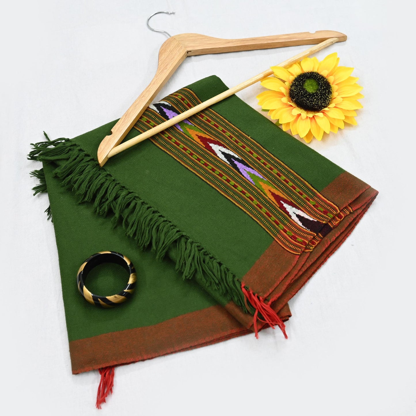 Vintage Green Woolen Handmade Woven Long Throw Stole Warm Geometric Design Fringes