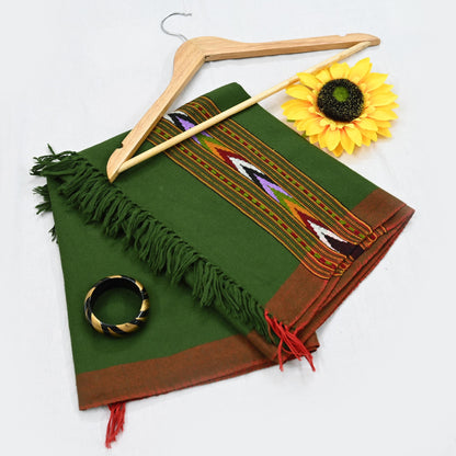 Vintage Green Woolen Handmade Woven Long Throw Stole Warm Geometric Design Fringes