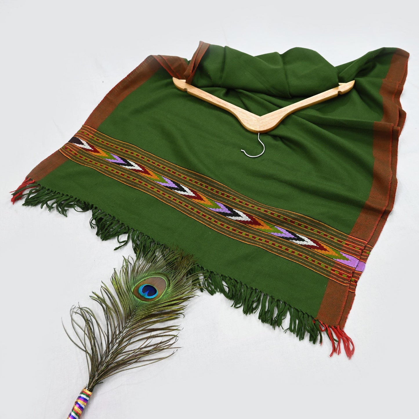 Vintage Green Woolen Handmade Woven Long Throw Stole Warm Geometric Design Fringes