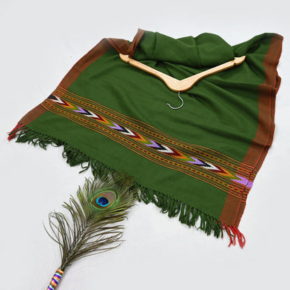 Vintage Green Woolen Handmade Woven Long Throw Stole Warm Geometric Design Fringes