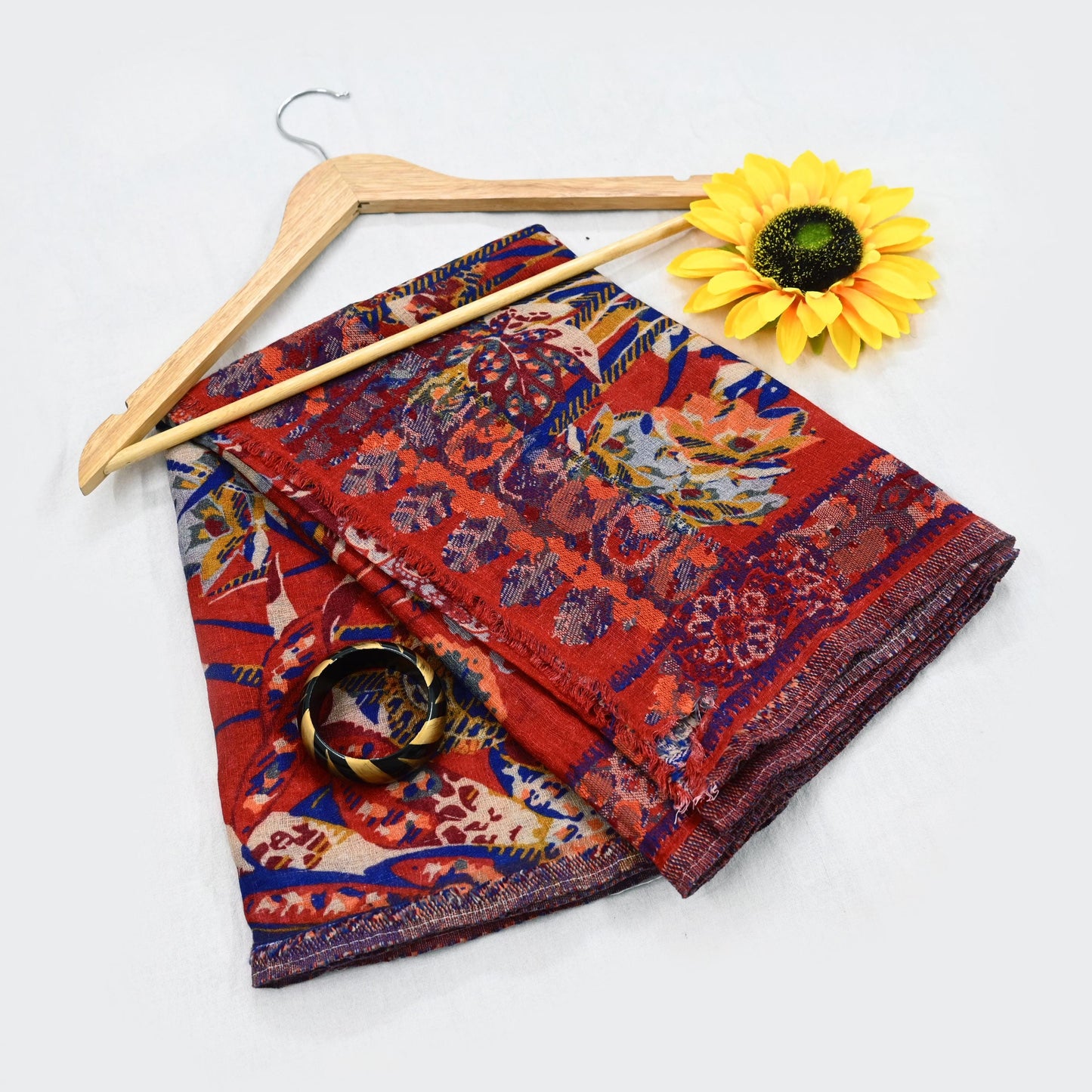 Indian Vintage Multi Pure Woolen Shawl Handmade Woven Work Long Throw Stole Warm Abstract Design Soft