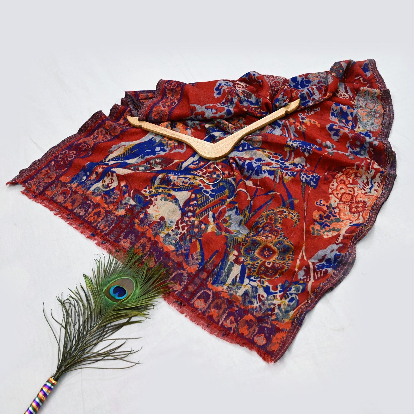 Indian Vintage Multi Pure Woolen Shawl Handmade Woven Work Long Throw Stole Warm Abstract Design Soft