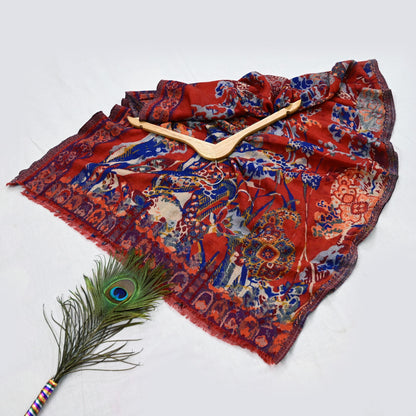 Indian Vintage Multi Pure Woolen Shawl Handmade Woven Work Long Throw Stole Warm Abstract Design Soft