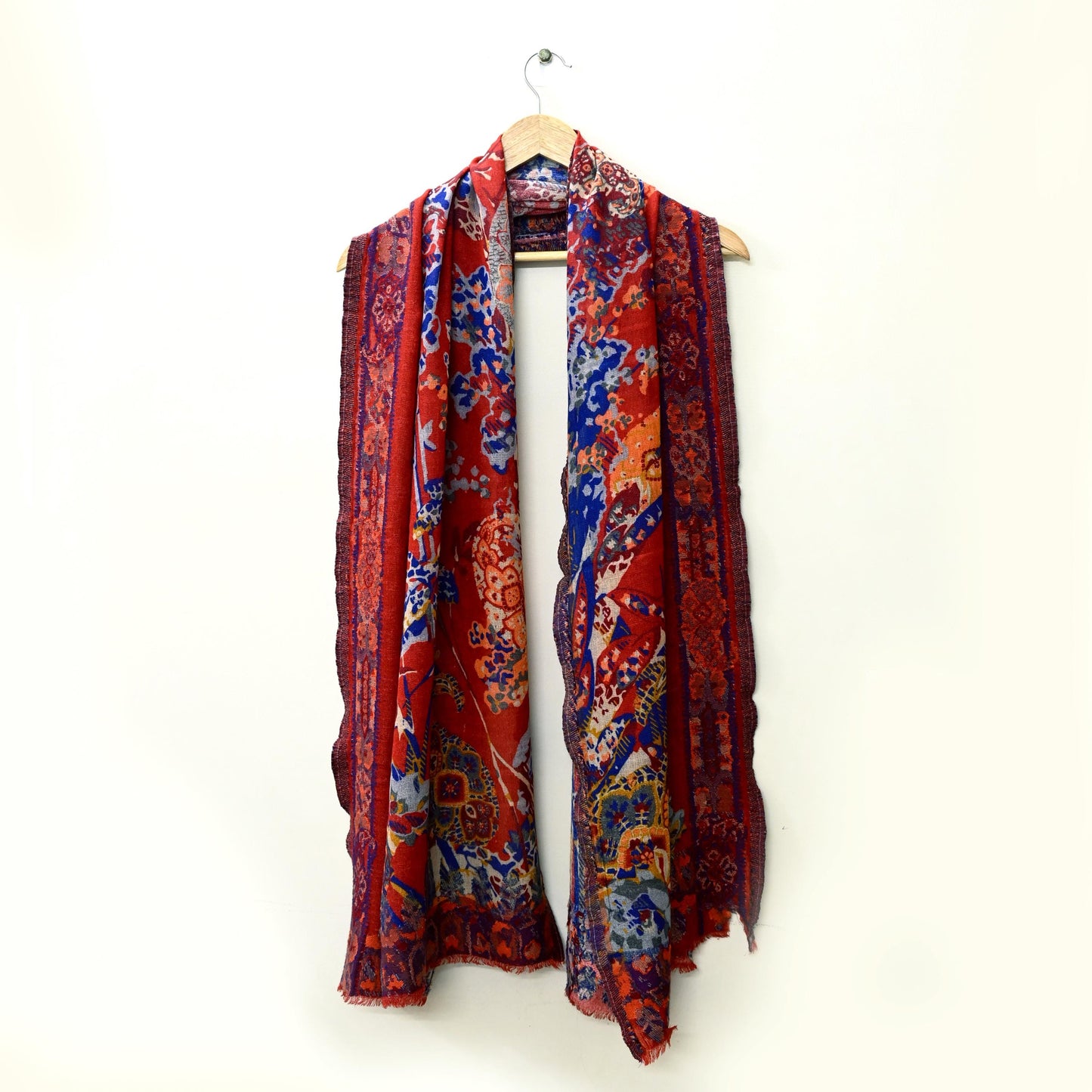 Indian Vintage Multi Pure Woolen Shawl Handmade Woven Work Long Throw Stole Warm Abstract Design Soft