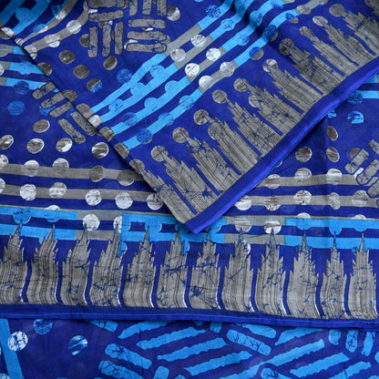 Indian Vintage Sari Blue Printed Pure Cotton Sarees 5Yd Craft Fabric Soft Sewing Sarong Wrap Boho Upcycle quilting Dress making