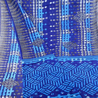 Indian Vintage Sari Blue Printed Pure Cotton Sarees 5Yd Craft Fabric Soft Sewing Sarong Wrap Boho Upcycle quilting Dress making