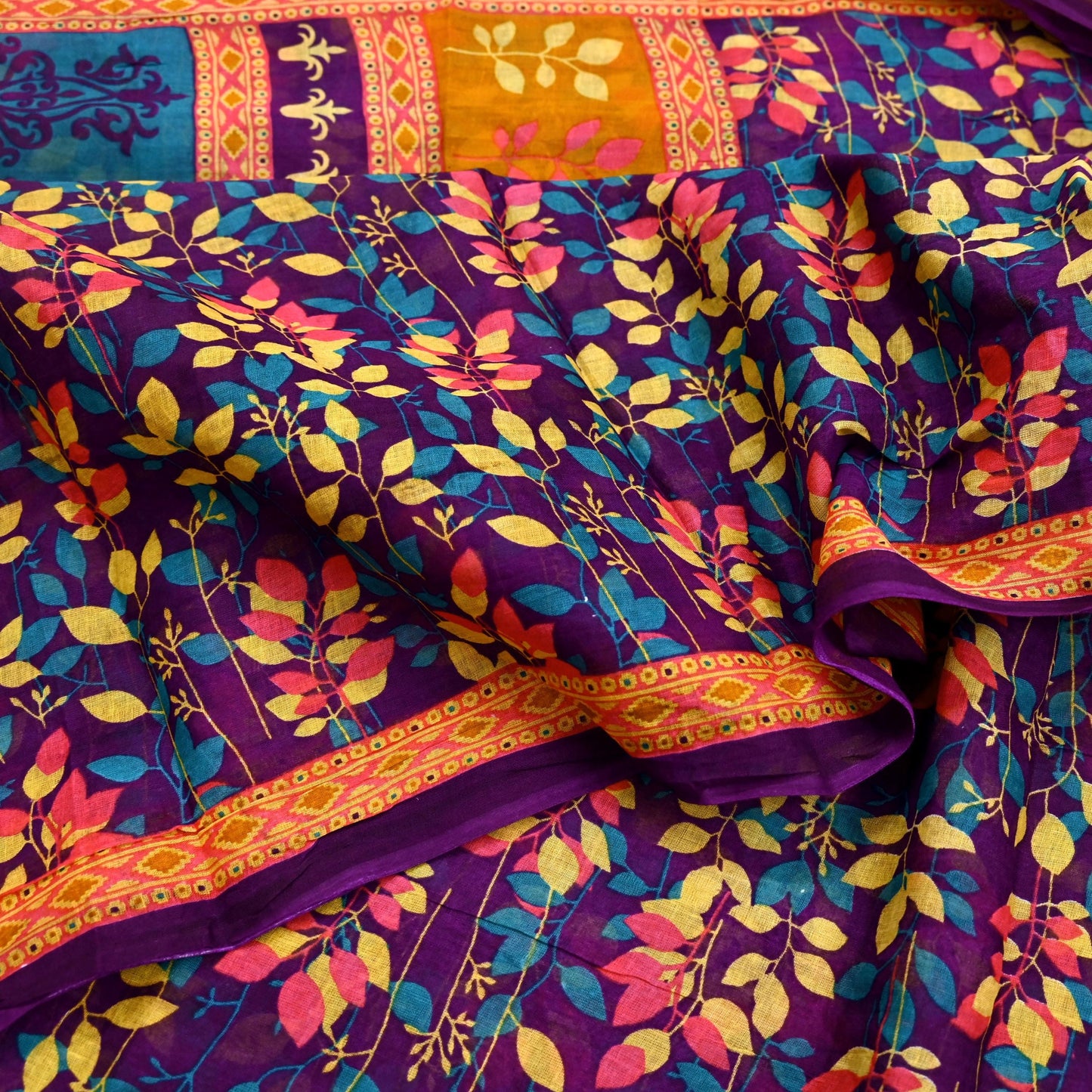 Indian Vintage Sari Purple Pure Cotton Printed Sarees Craft Fabric Soft 5Yd Sarong Wrap Boho Fabric Kimono Quilting Crafting Upcycle