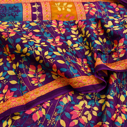 Indian Vintage Sari Purple Pure Cotton Printed Sarees Craft Fabric Soft 5Yd Sarong Wrap Boho Fabric Kimono Quilting Crafting Upcycle