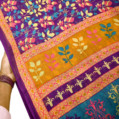 Indian Vintage Sari Purple Pure Cotton Printed Sarees Craft Fabric Soft 5Yd Sarong Wrap Boho Fabric Kimono Quilting Crafting Upcycle