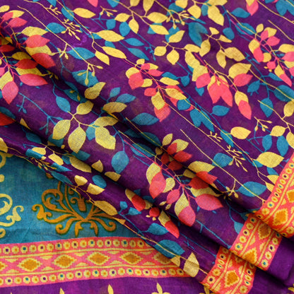 Indian Vintage Sari Purple Pure Cotton Printed Sarees Craft Fabric Soft 5Yd Sarong Wrap Boho Fabric Kimono Quilting Crafting Upcycle