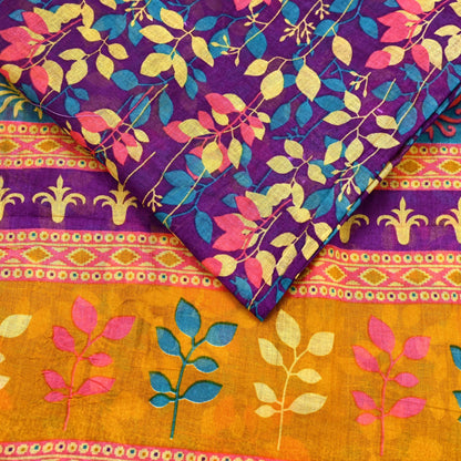 Indian Vintage Sari Purple Pure Cotton Printed Sarees Craft Fabric Soft 5Yd Sarong Wrap Boho Fabric Kimono Quilting Crafting Upcycle